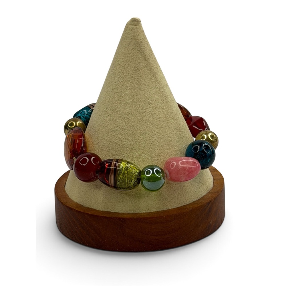 Multicolor Art Glass Beaded Stretch Bracelet Jewel Tone Boho Gold Accents Boho
